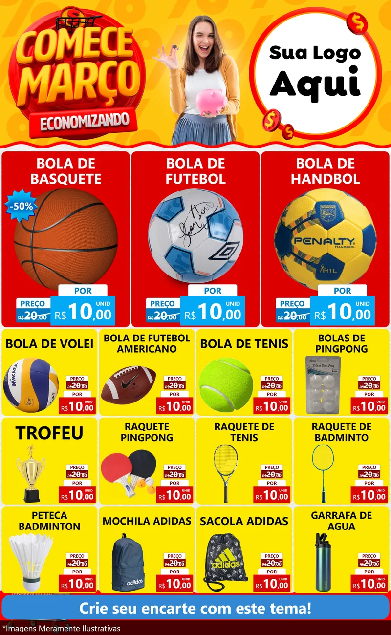 Modelo de Encarte para Encarte Grande com o tema Comece Março Economizando para Artigos Esportivos