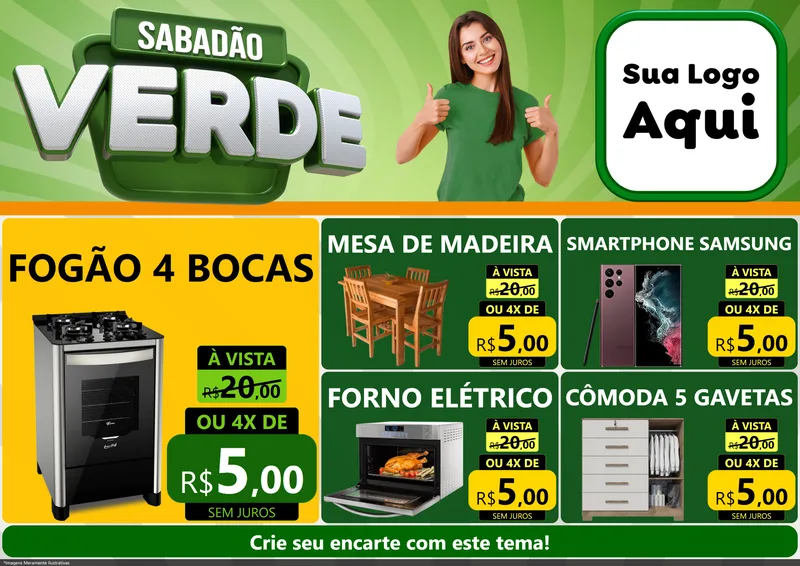Modelo de Encarte para Encarte A4 Horizontal com o tema Sabadão Verde para Móveis e Eletro