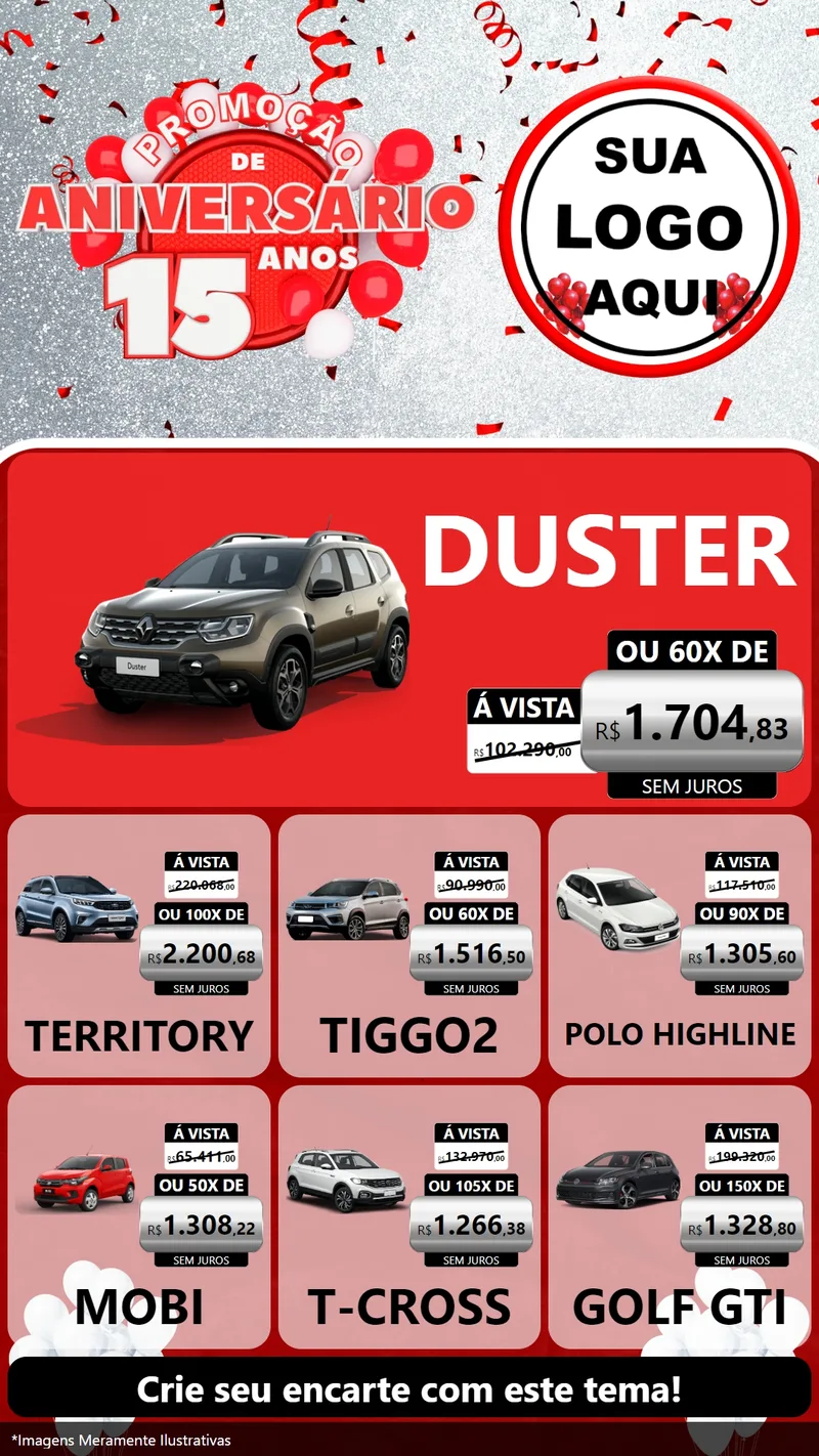 Modelo de Rede Social para Stories com o tema Promoção de Aniversário - 15 Anos para Concessionaria de Carros