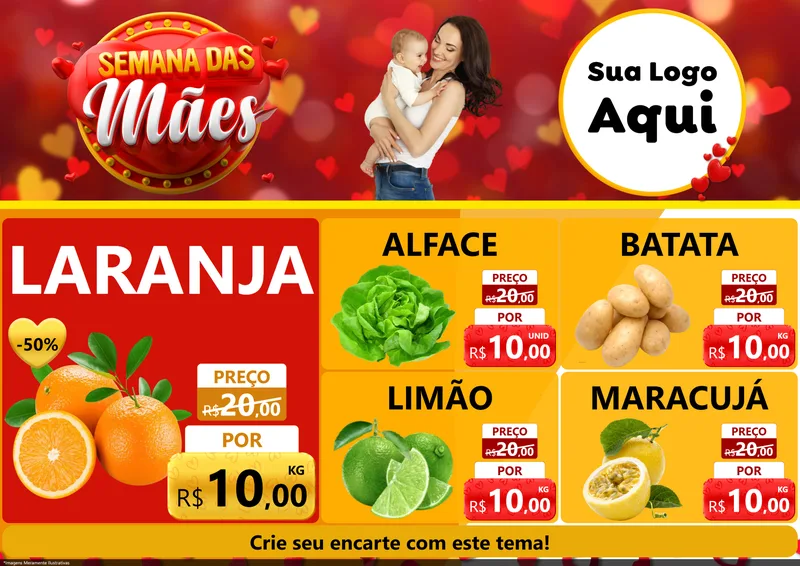 Modelo de Encarte para Encarte A4 Horizontal com o tema Semana das Mães para Hortifrúti