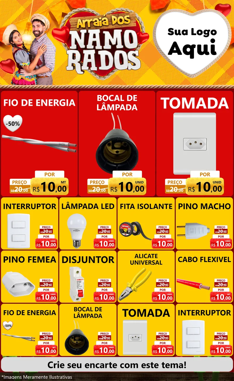 Modelo de Encarte para Encarte Grande com o tema Arraiá dos Namorados para Materiais Elétricos