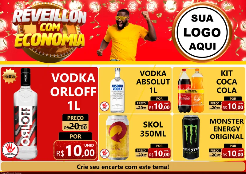 Modelo de Encarte para Encarte A4 Horizontal com o tema Réveillon com Economia para Distribuidora de bebidas