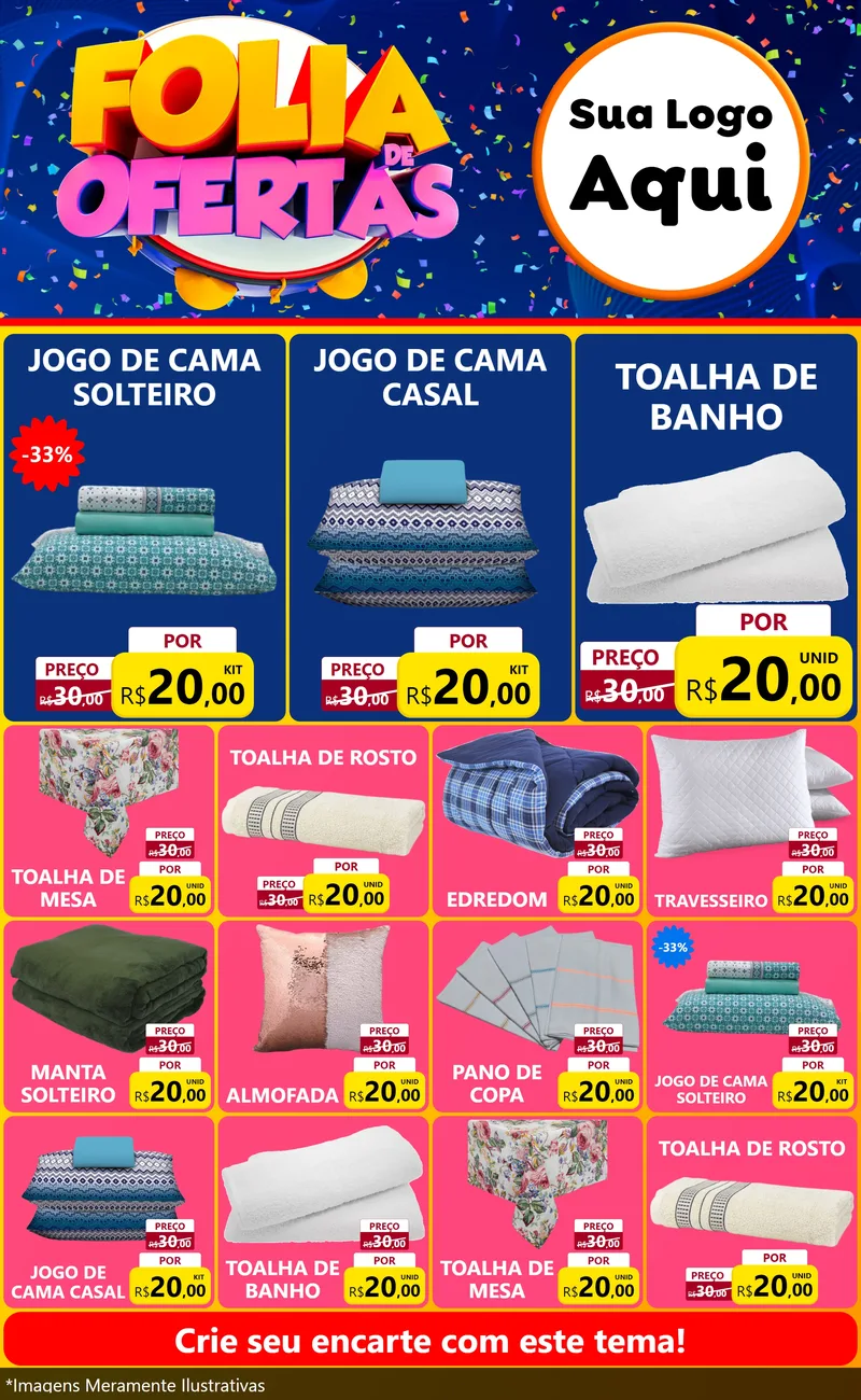 Modelo de Encarte para Encarte Grande com o tema Folia de Ofertas para Cama, Mesa e Banho
