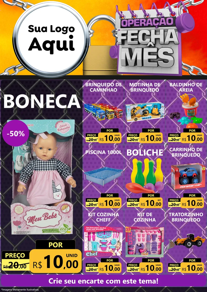 Modelo de Encarte para Encarte A4 Vertical com o tema Operação Fecha Mês para Brinquedos