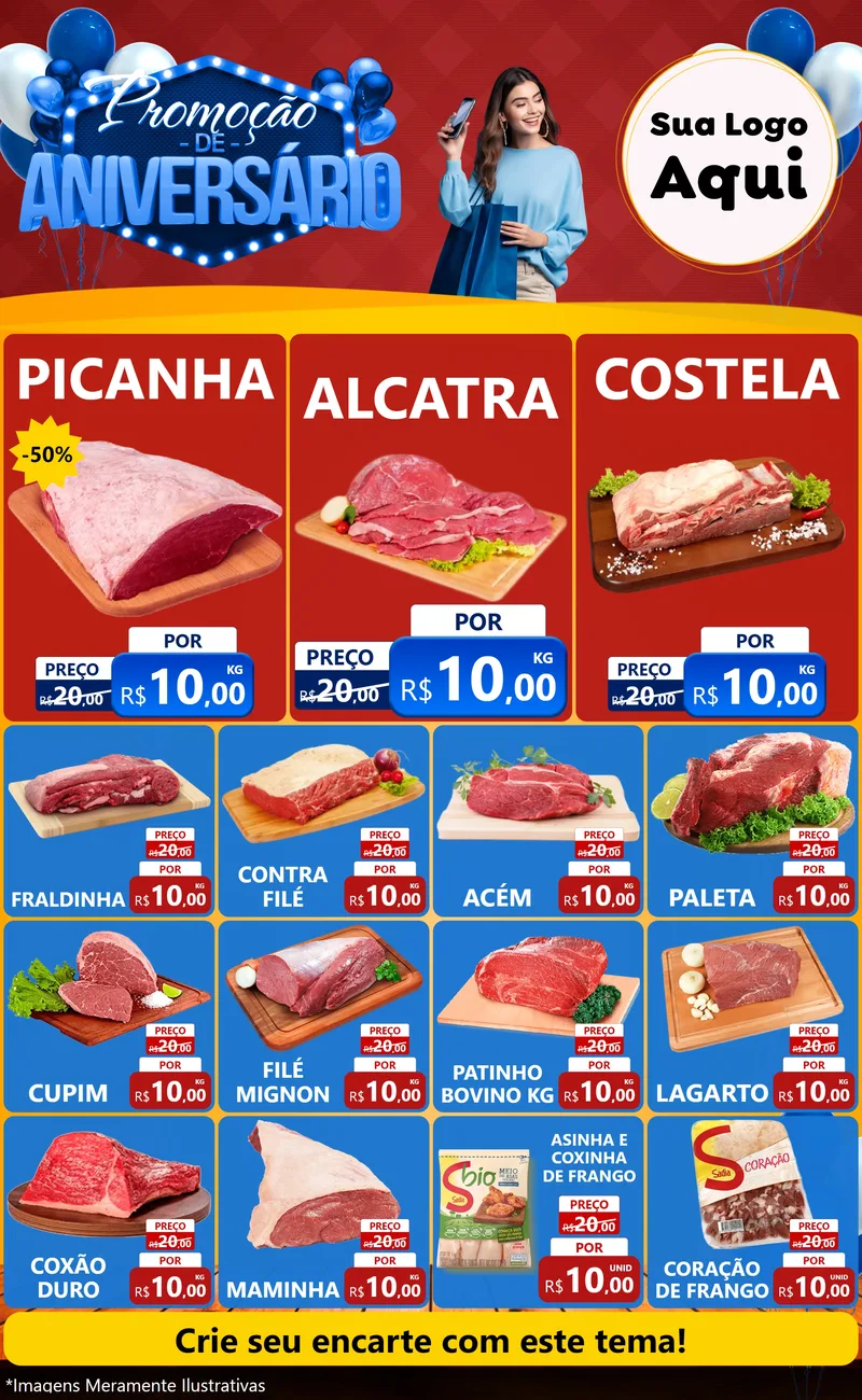 Modelo de Encarte para Encarte Grande com o tema Promoção de Aniversário para Açougue