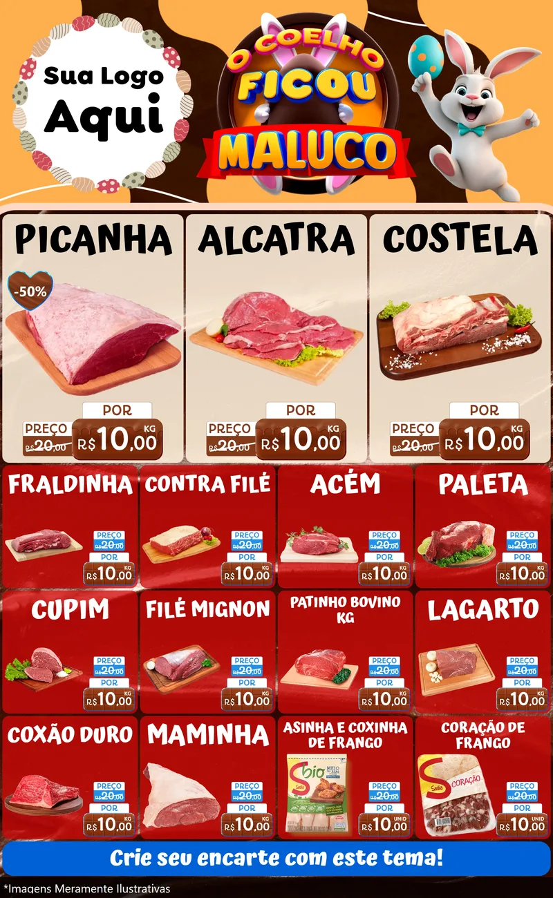 Modelo de Encarte para Encarte Grande com o tema O Coelho Ficou Maluco - Páscoa para Açougue
