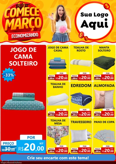 Modelo de Encarte para Encarte A4 Vertical com o tema Comece Março Economizando para Cama, Mesa e Banho