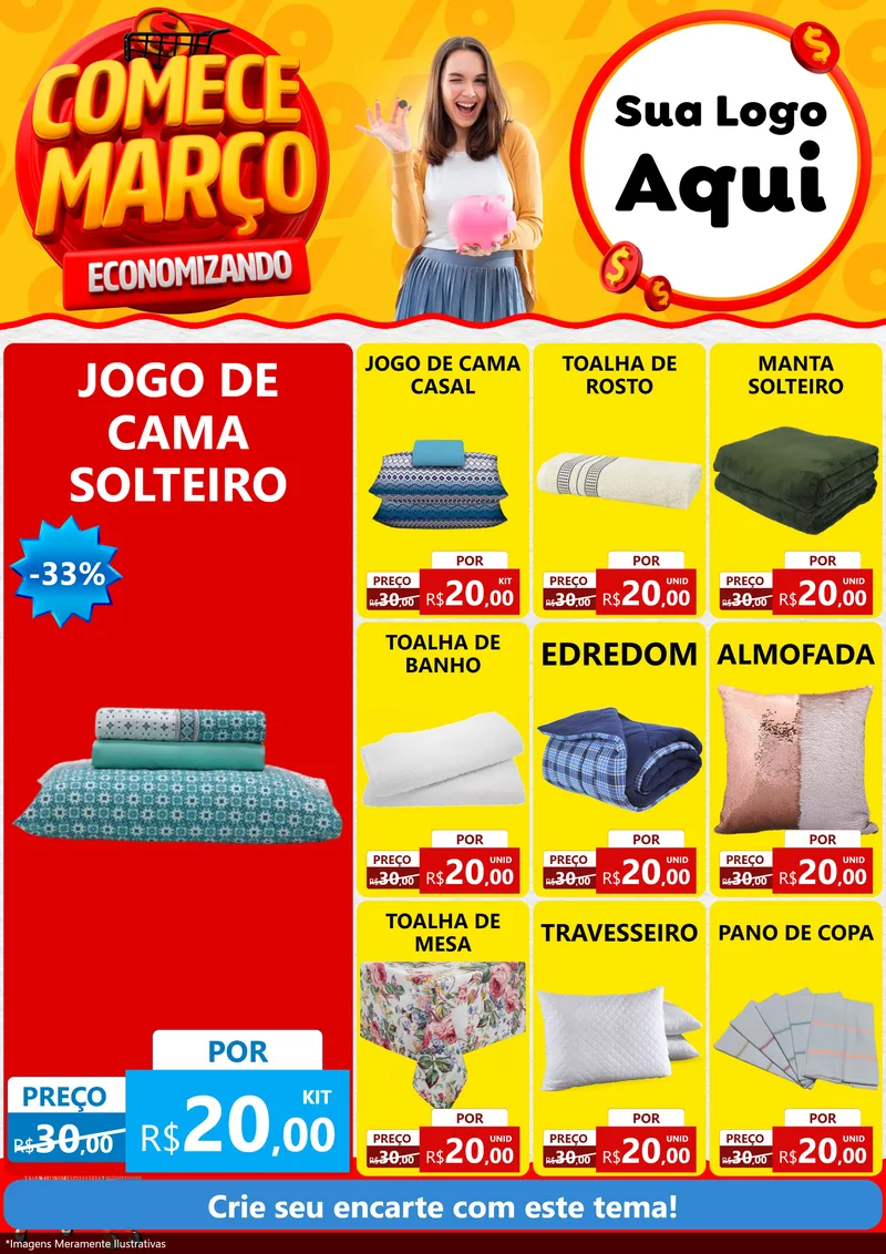 Modelo de Encarte para Encarte A4 Vertical com o tema Comece Março Economizando para Cama, Mesa e Banho