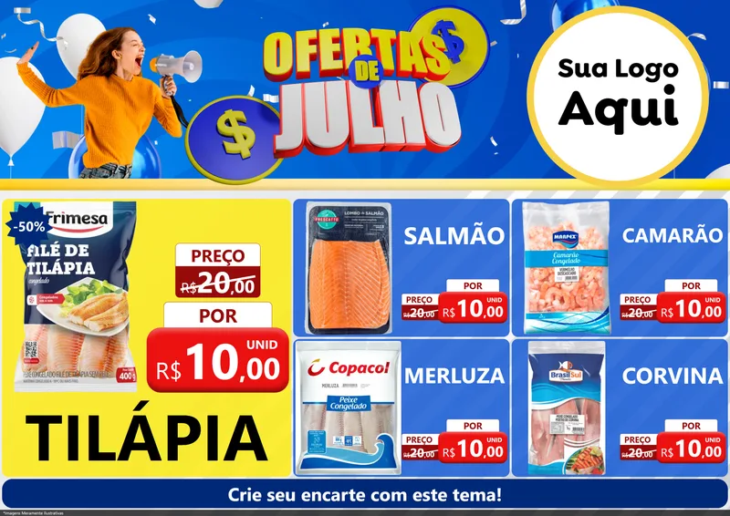 Modelo de Encarte para Encarte A4 Horizontal com o tema Ofertas de Julho para Peixaria