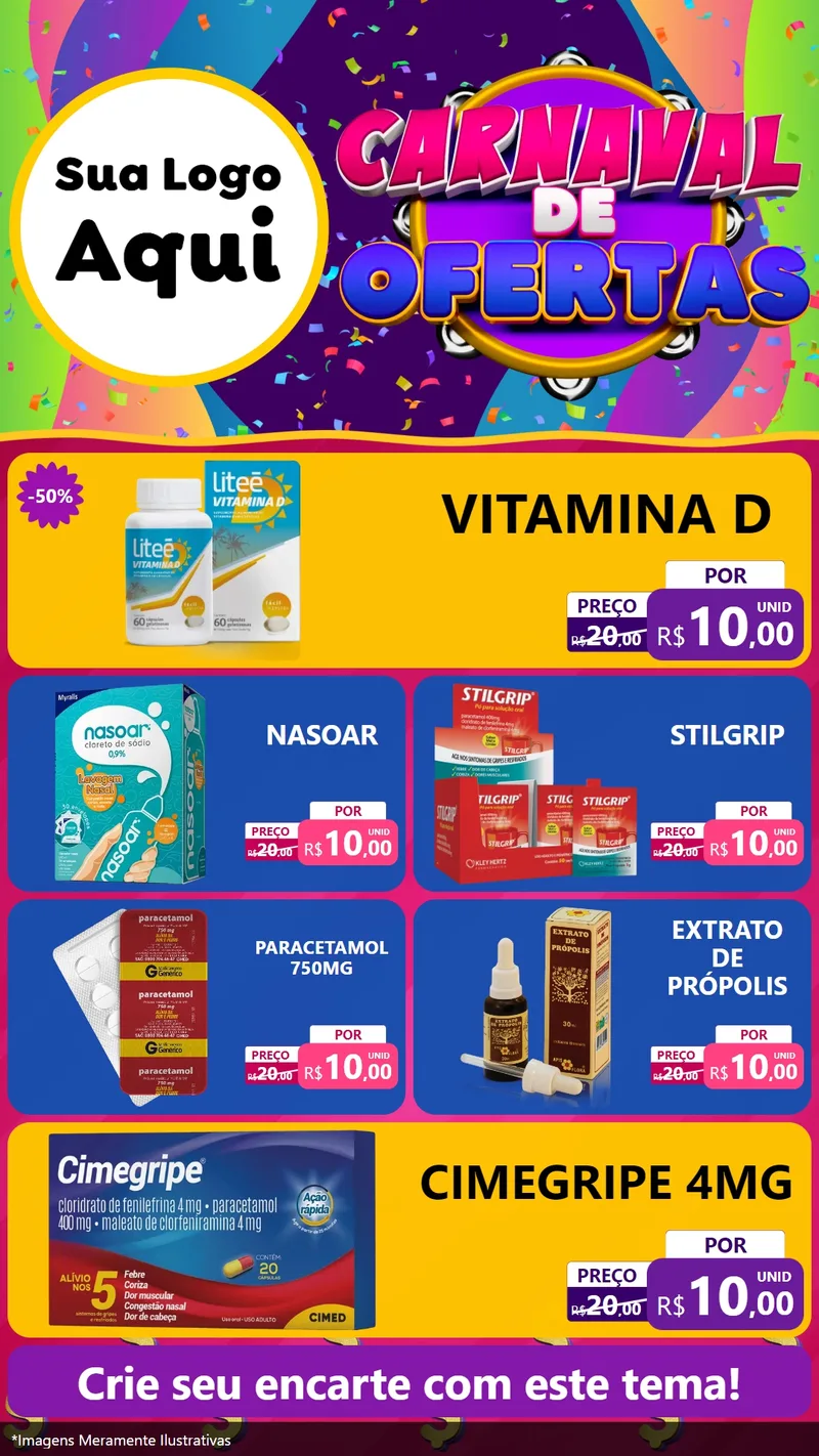 Modelo de TV para TV Vertical com o tema Carnaval de Ofertas para Farmácia