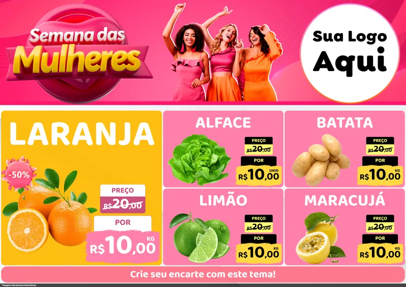 Modelo de Encarte para Encarte A4 Horizontal com o tema Semana das Mulheres para Hortifrúti