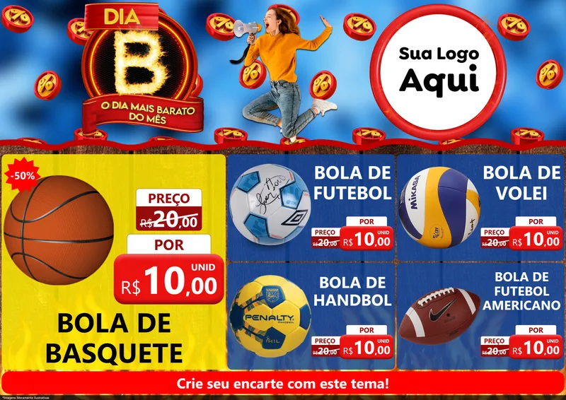 Modelo de Encarte para Encarte A4 Horizontal com o tema Dia B - O Dia Mais Barato Do Mês para Artigos Esportivos
