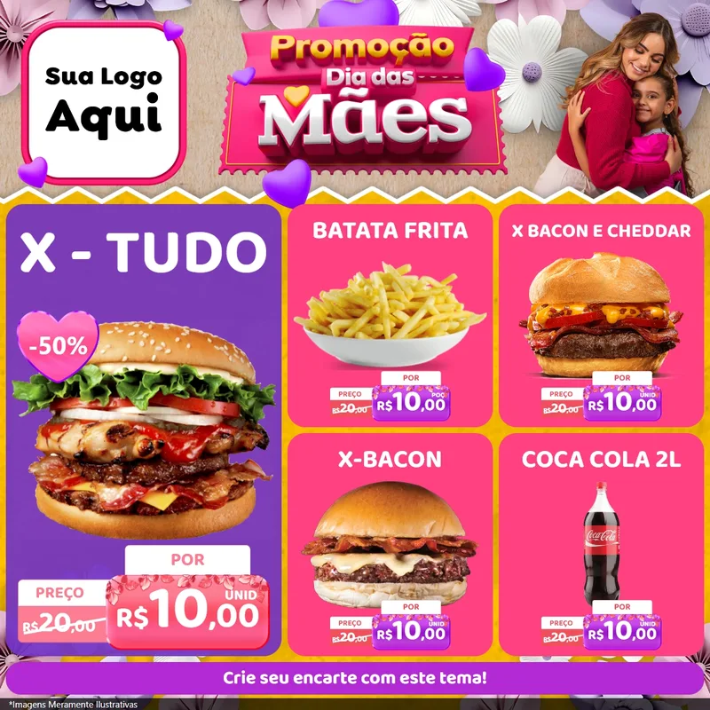 Modelo de Rede Social para Feed Facebook com o tema Promoção Dia das Mães para Hamburgueria
