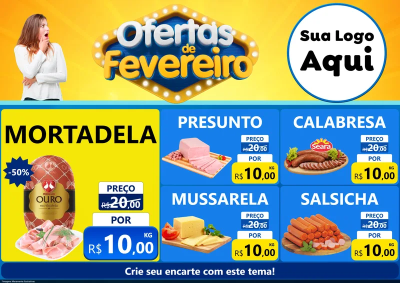 Modelo de Encarte para Encarte A4 Horizontal com o tema Ofertas de Fevereiro para Frios e Laticínios