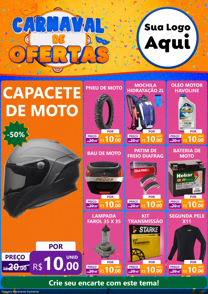 Modelo de Encarte para Encarte A4 Vertical com o tema Carnaval de Ofertas para Moto peças