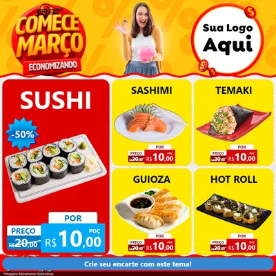 Modelo de Rede Social para Feed Facebook com o tema Comece Março Economizando para Comida japonesa