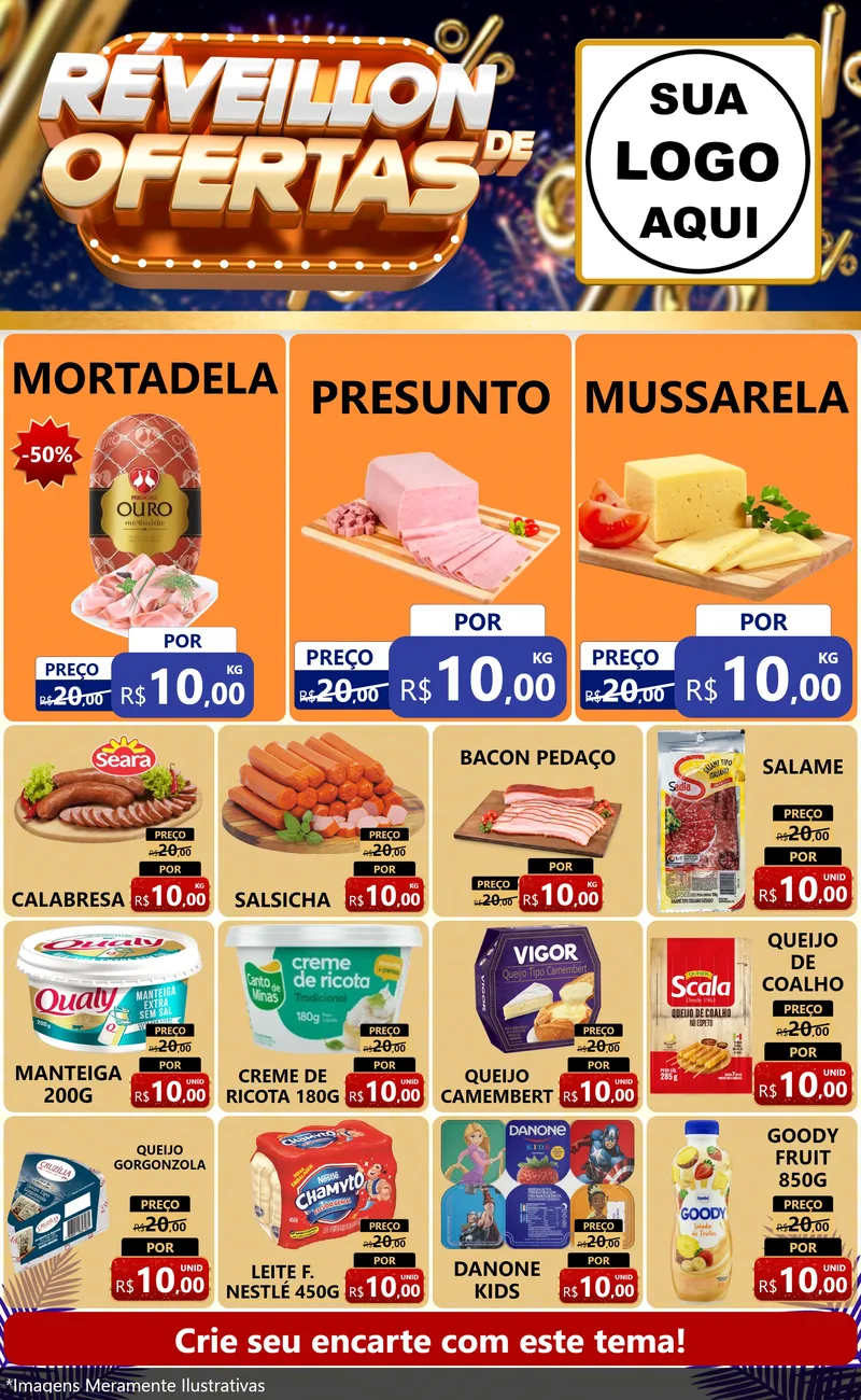 Modelo de Encarte para Encarte Grande com o tema Réveillon de Ofertas para Frios e Laticínios