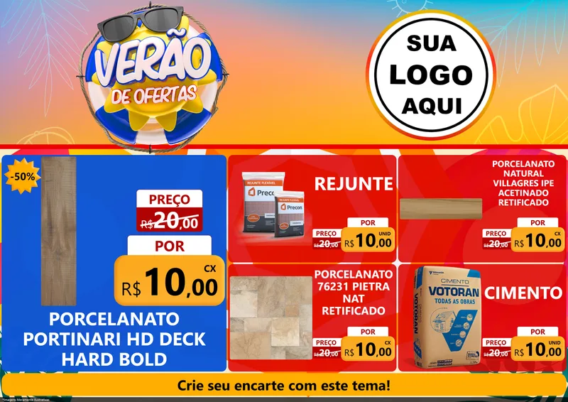 Modelo de Encarte para Encarte A4 Horizontal com o tema Verão de Ofertas para Pisos e revestimentos