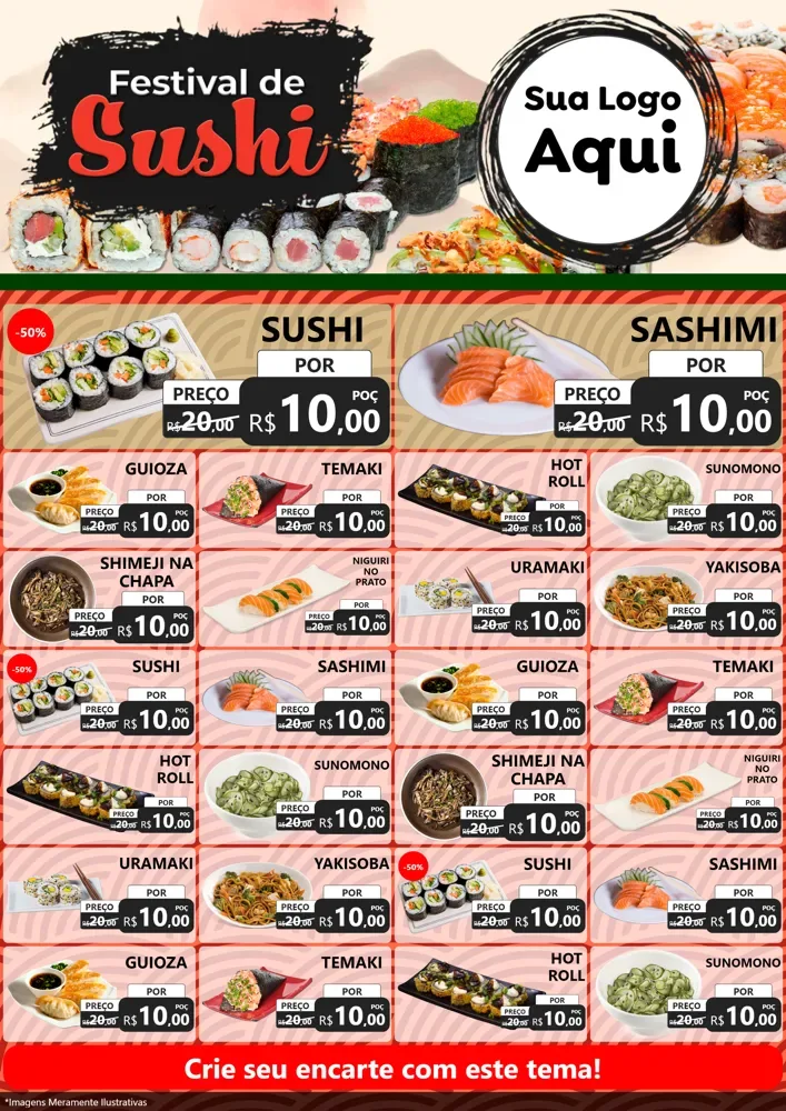 Modelo de Encarte para Encarte A4 Vertical com o tema Festival de Sushi para Comida japonesa