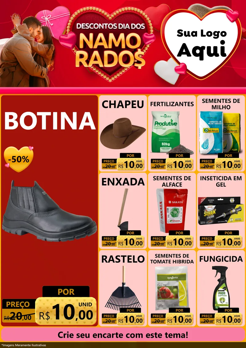Modelo de Encarte para Encarte A4 Vertical com o tema Descontos Dia dos Namorados para Agropecuária