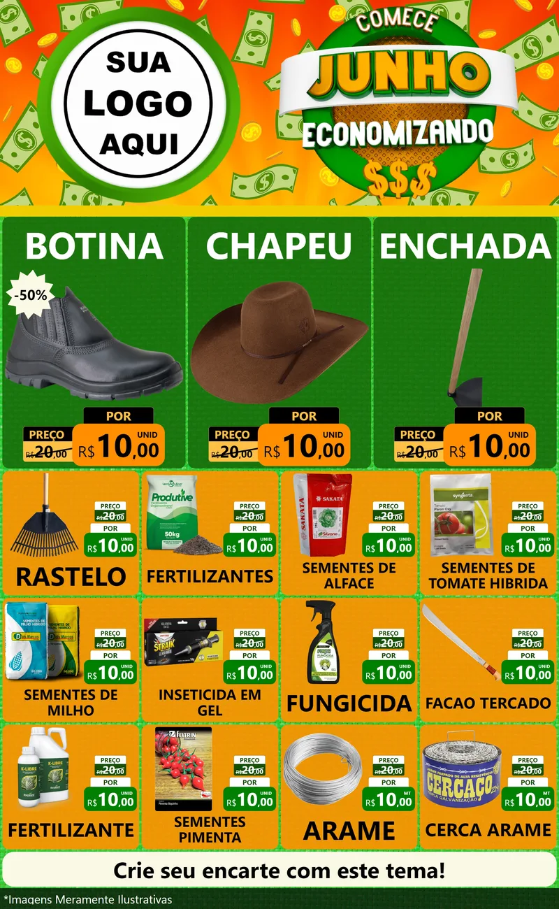 Modelo de Encarte para Encarte Grande com o tema Comece Junho Economizando para Agropecuária