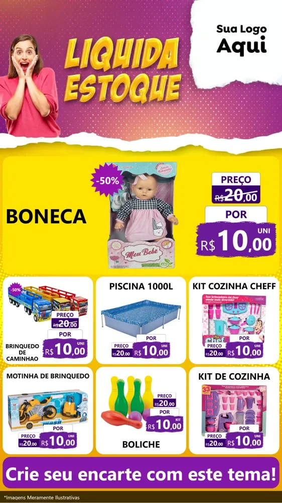 Modelo de Rede Social para Stories com o tema Liquida estoque para Brinquedos