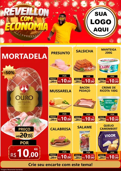 Modelo de Encarte para Encarte A4 Vertical com o tema Réveillon com Economia para Frios e Laticínios