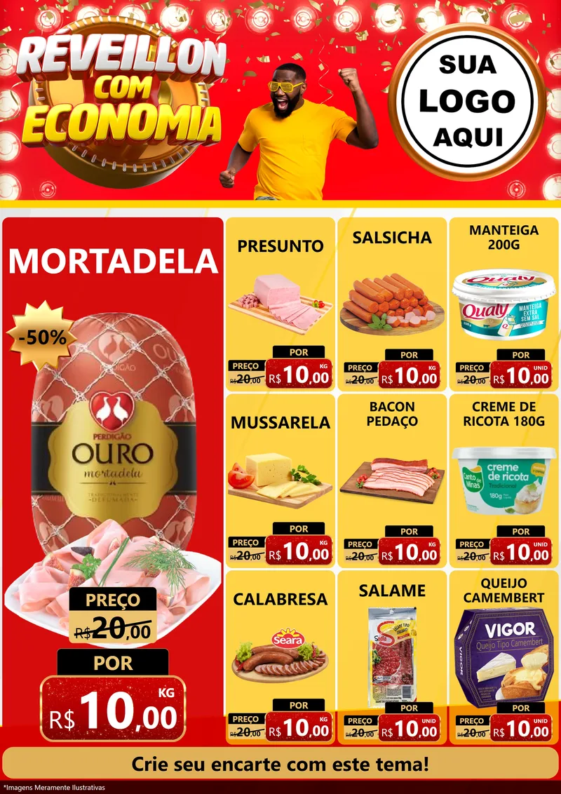 Modelo de Encarte para Encarte A4 Vertical com o tema Réveillon com Economia para Frios e Laticínios