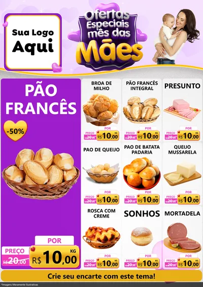 Modelo de Encarte para Encarte A4 Vertical com o tema Ofertas Especiais - Mês das Mães para Padaria