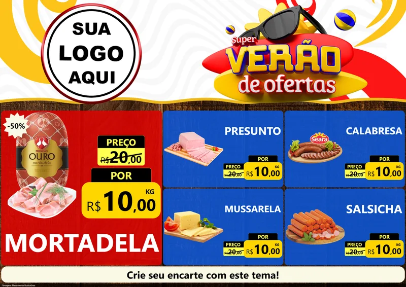 Modelo de Encarte para Encarte A4 Horizontal com o tema Super Verão de Ofertas para Frios e Laticínios