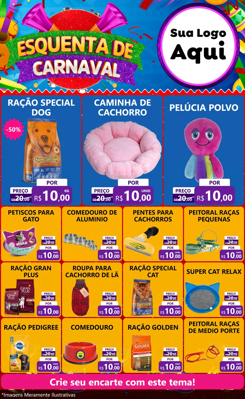 Modelo de Encarte para Encarte Grande com o tema Esquenta de Carnaval para Pet Shop