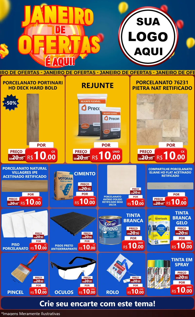Modelo de Encarte para Encarte Grande com o tema Janeiro de Ofertas É Aqui! para Pisos e revestimentos