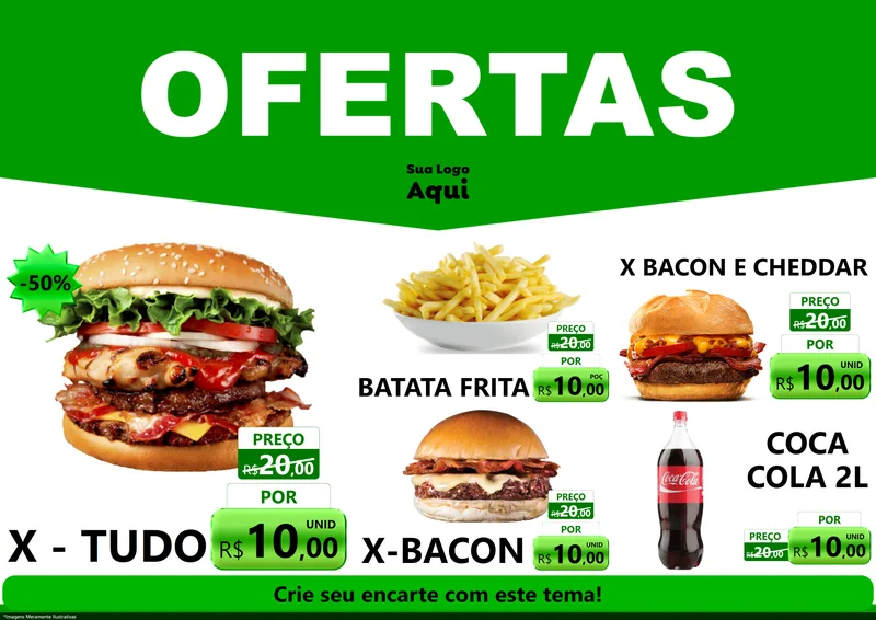 Modelo de Encarte para Encarte A4 Horizontal com o tema Ofertas Verde Cartaz para Hamburgueria