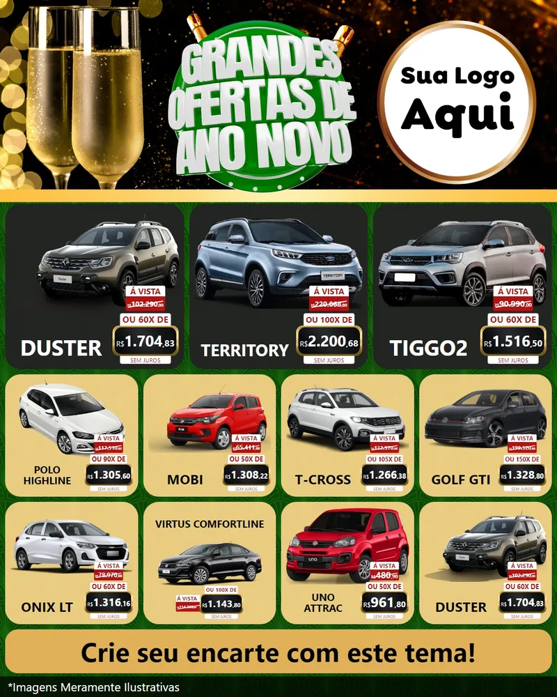 Modelo de Rede Social para Feed Instagram com o tema Grandes Ofertas de Ano Novo para Concessionaria de Carros
