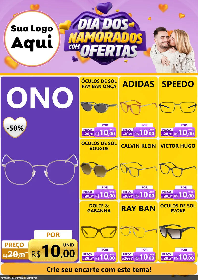 Modelo de Encarte para Encarte A4 Vertical com o tema Dia Dos Namorados Com Ofertas para Óticas