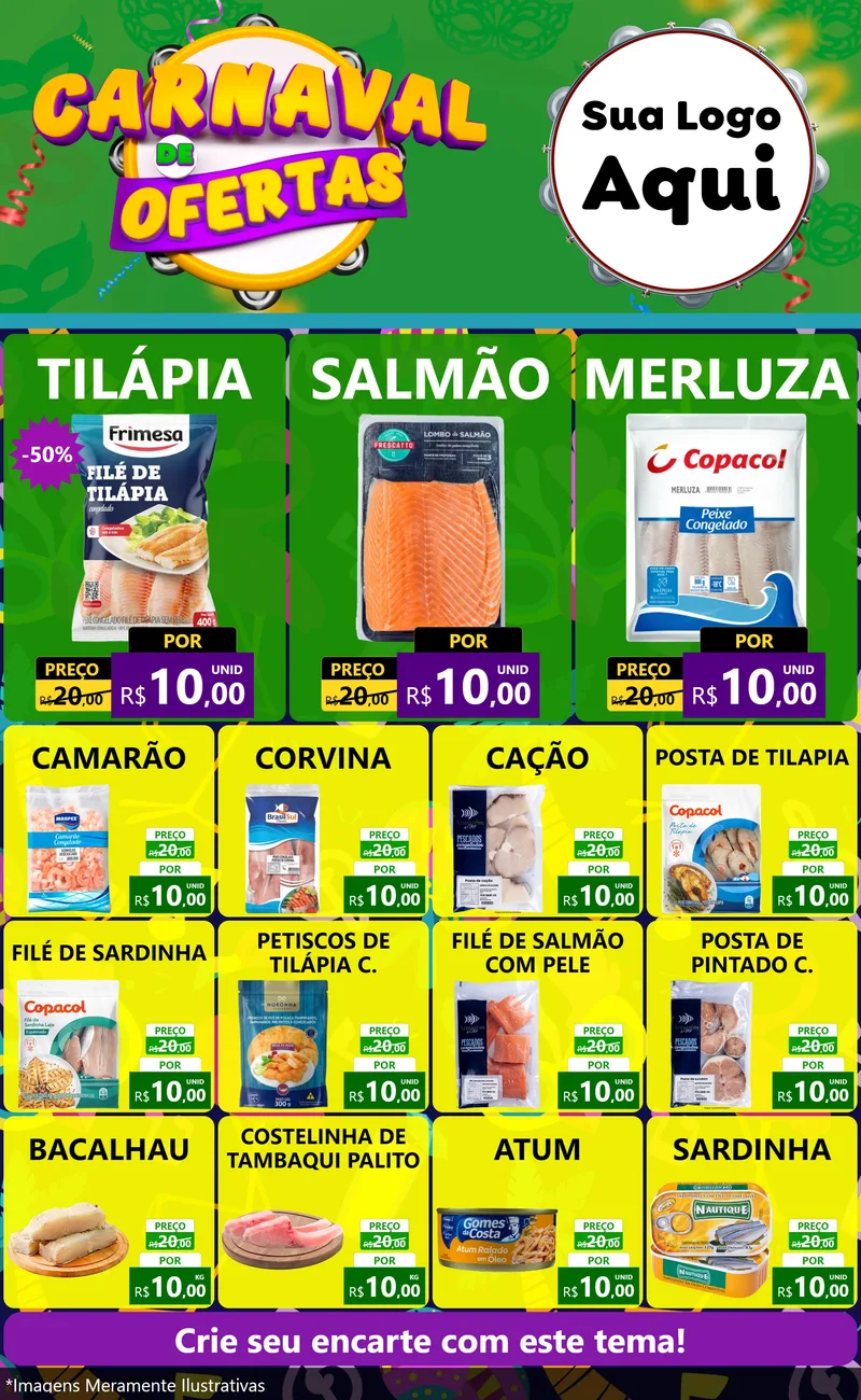 Modelo de Encarte para Encarte Grande com o tema Carnaval de Ofertas para Peixaria
