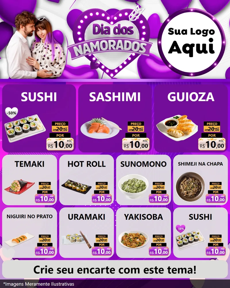 Modelo de Rede Social para Feed Instagram com o tema Dia dos Namorados para Comida japonesa