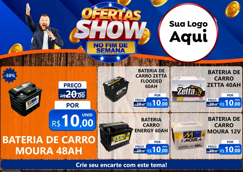 Modelo de Encarte para Encarte A4 Horizontal com o tema Ofertas Show No Fim De Semana para Baterias Elétricas
