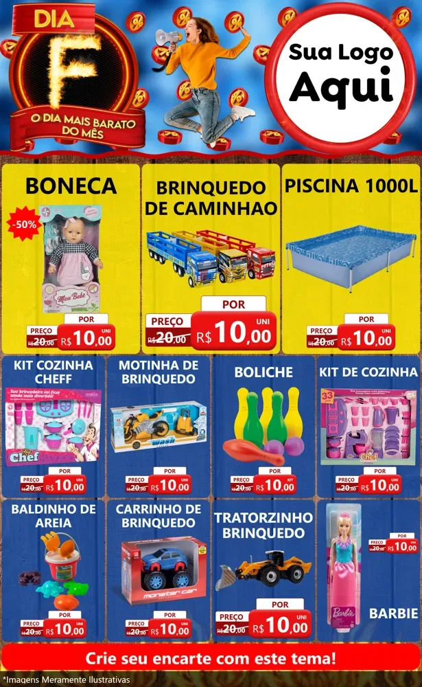 Modelo de Encarte para Encarte Grande com o tema Dia F - O Dia Mais Barato Do Mês para Brinquedos