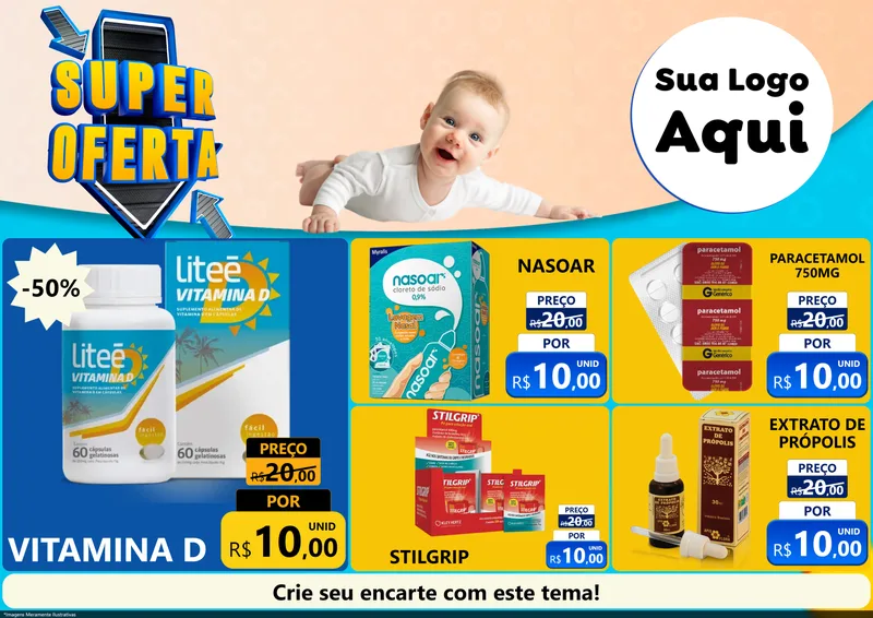 Modelo de Encarte para Encarte A4 Horizontal com o tema Super Oferta - Bebê para Farmácia