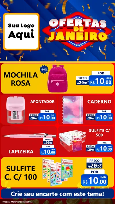 Modelo de TV para TV Vertical com o tema Ofertas de Janeiro para Papelaria