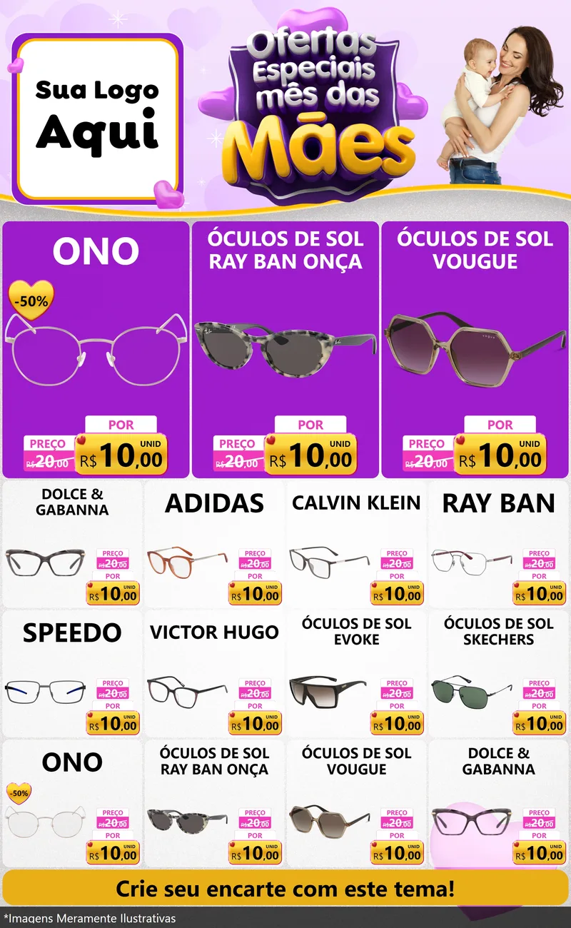 Modelo de Encarte para Encarte Grande com o tema Ofertas Especiais - Mês das Mães para Óticas