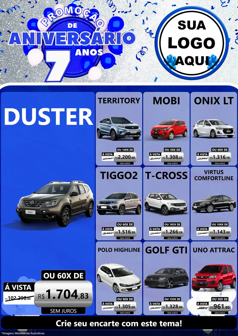 Modelo de Encarte para Encarte A4 Vertical com o tema Promoção de Aniversário - 7 Anos para Concessionaria de Carros