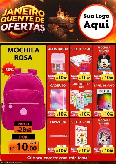 Modelo de Encarte para Encarte A4 Vertical com o tema Janeiro Quente de Ofertas para Papelaria