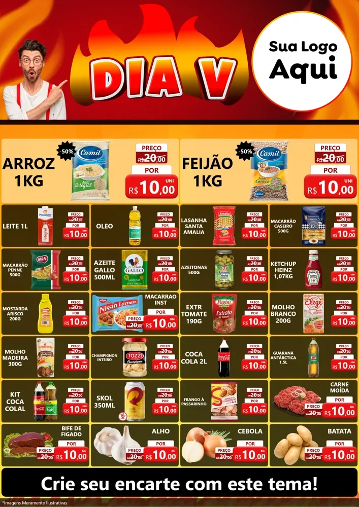 Modelo de Encarte para Encarte A4 Vertical com o tema Dia V para Supermercado