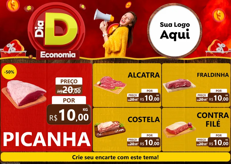 Modelo de Encarte para Encarte A4 Horizontal com o tema Dia D Economia para Açougue