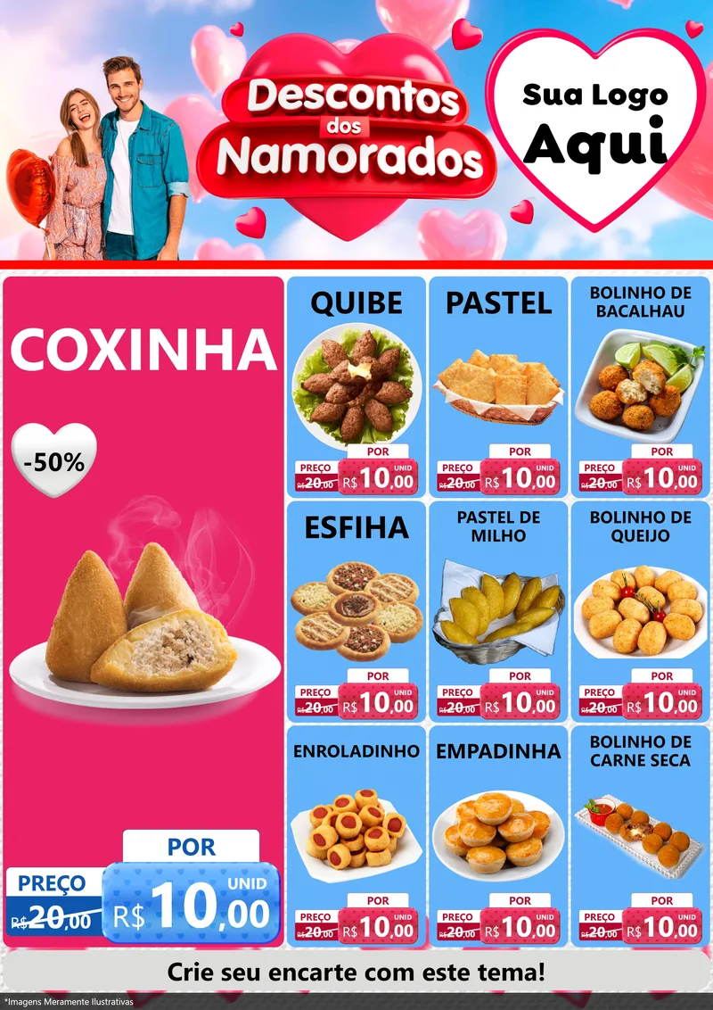 Modelo de Encarte para Encarte A4 Vertical com o tema Descontos dos Namorados para Salgadaria