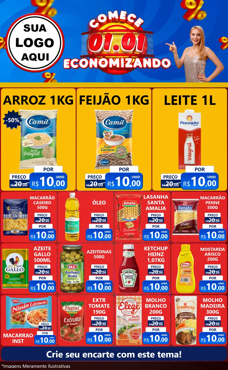 Modelo de Encarte para Encarte Grande com o tema Comece 1º de Janeiro Economizando para Supermercado