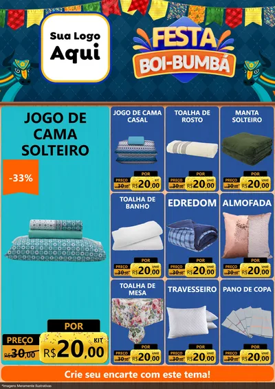Modelo de Encarte para Encarte A4 Vertical com o tema Festa Boi Bumbá para Cama, Mesa e Banho