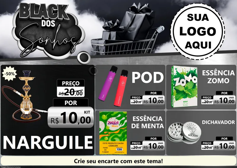 Modelo de Encarte para Encarte A4 Horizontal com o tema Black dos Sonhos para Tabacaria